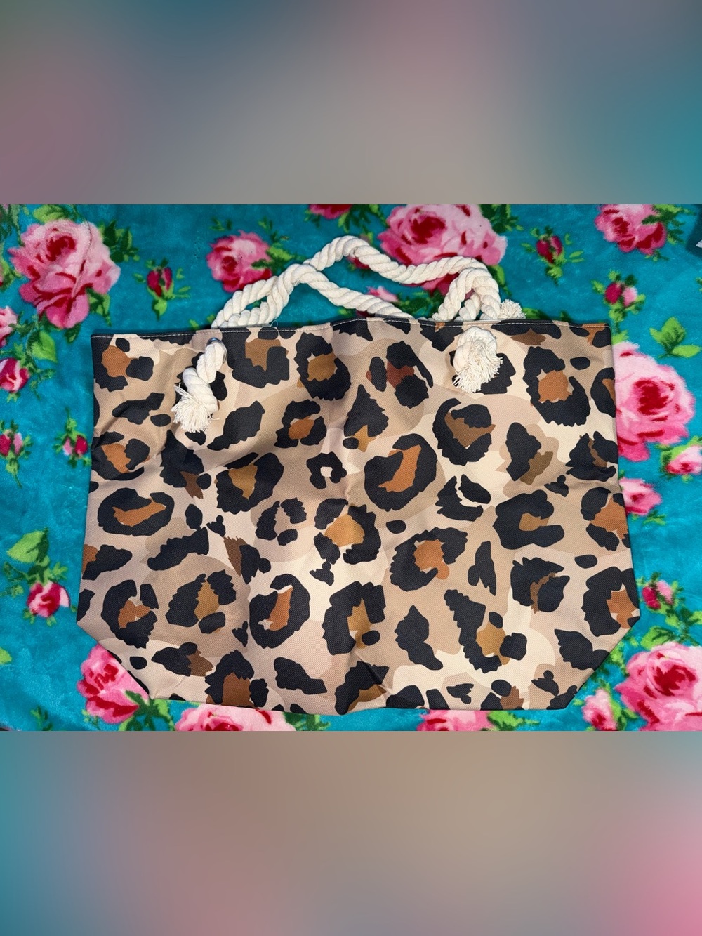 Leopard Print Rope-Handle Tote in Beige, Black & Brown; never used
